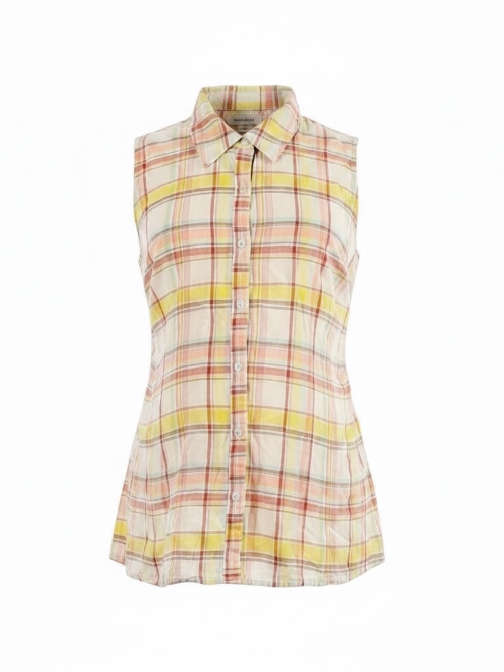 Motherhood Maternity L yellow/pink/white plaid button up sleeveless‎ top